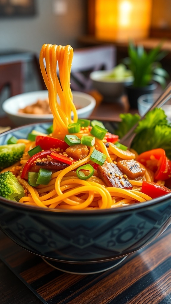 A bowl of noodles with vegetables and protein, garnished with green onions and sesame seeds, on a cozy dining table.